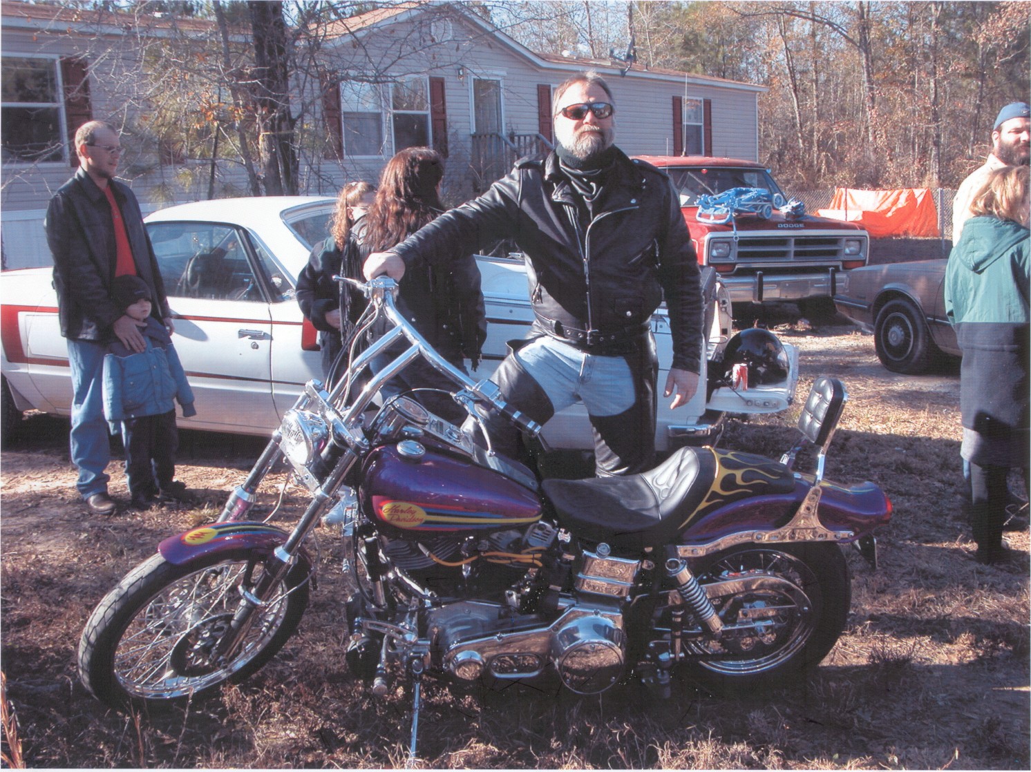 This is me and Barney, my 1980 FXWG...the purple dinosaur at Brother Slim's memorial service.